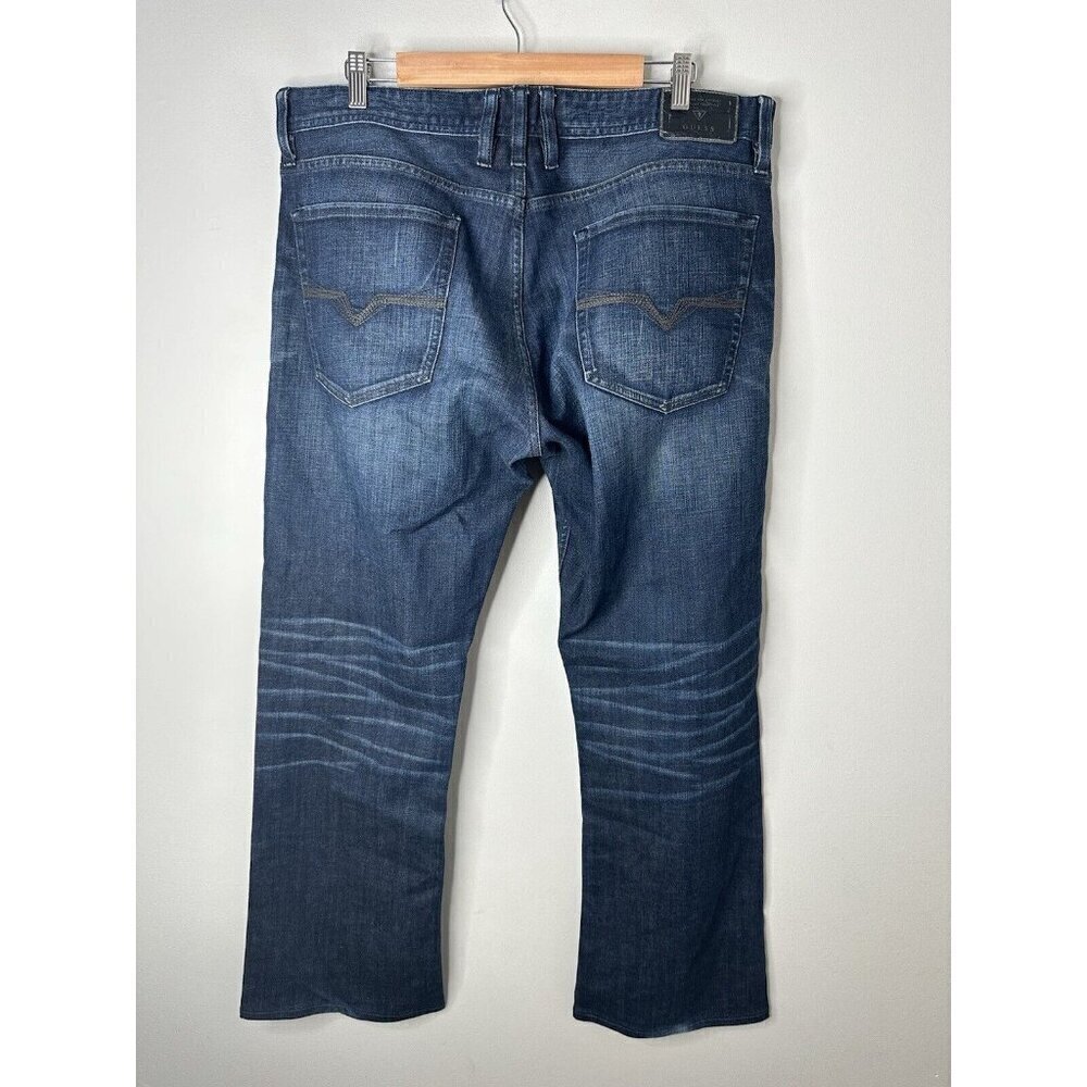 Guess Jeans Mens Blue Denim Falcon Regular Boot Cut Distressed Dark Wash Size 36 - Picture 6 of 13